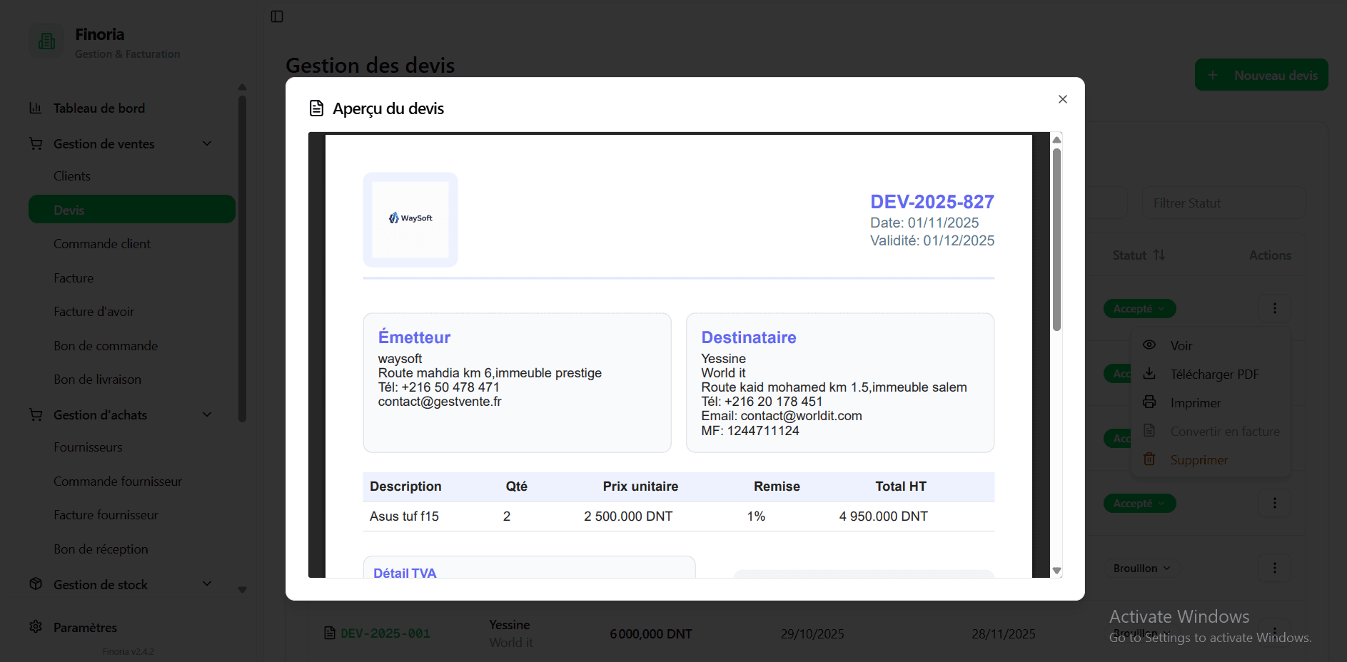 Finoria ERP interface view 3