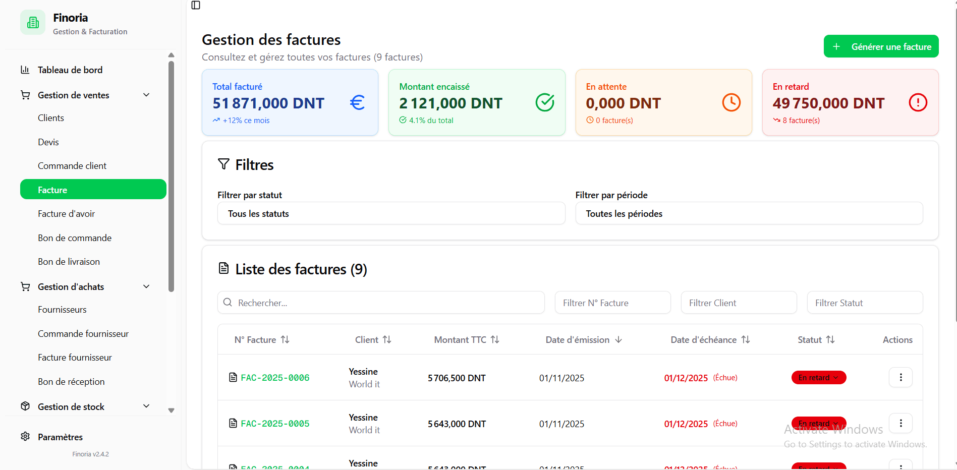 Finoria ERP interface view 4