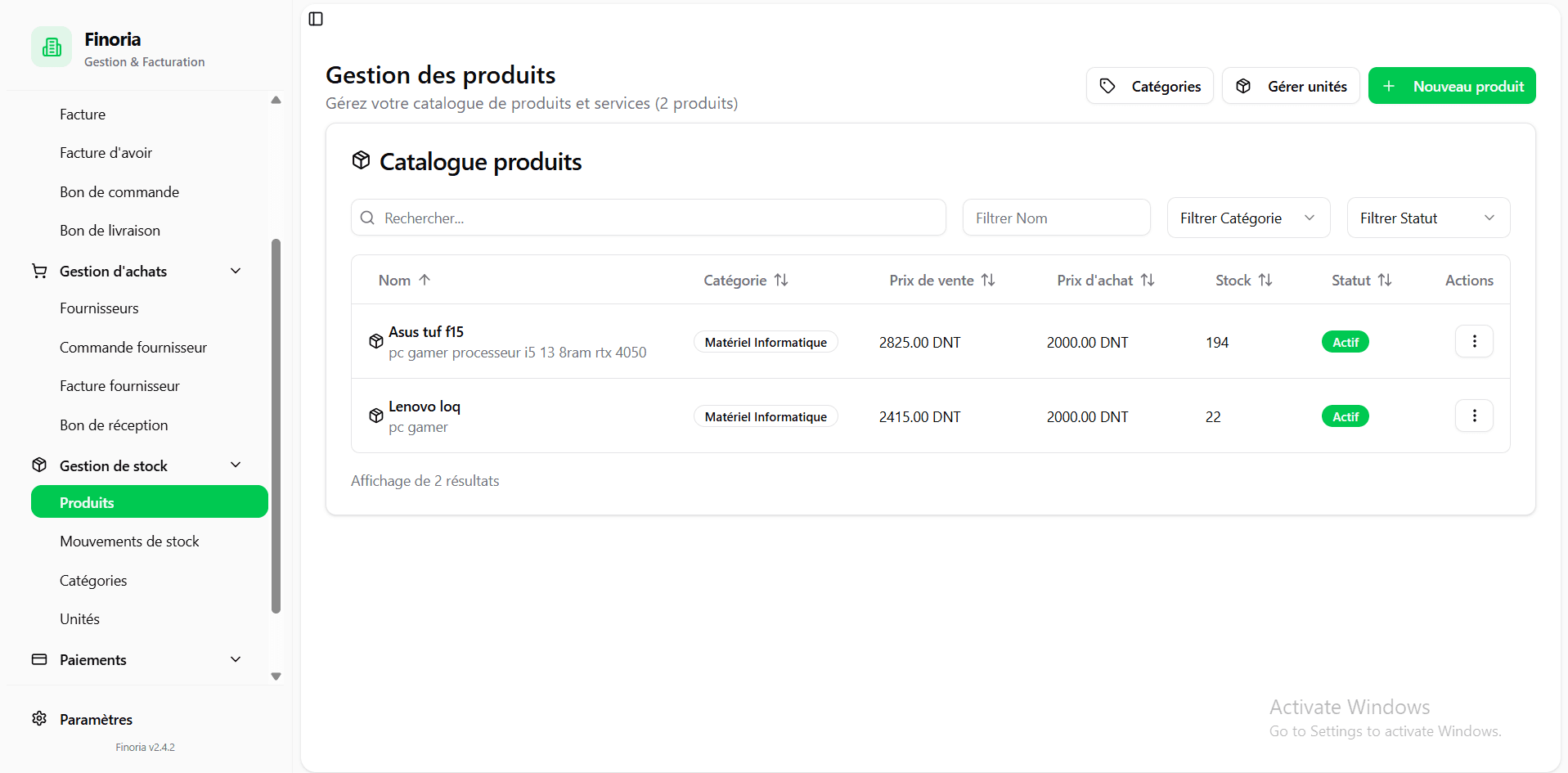 Finoria ERP interface view 5